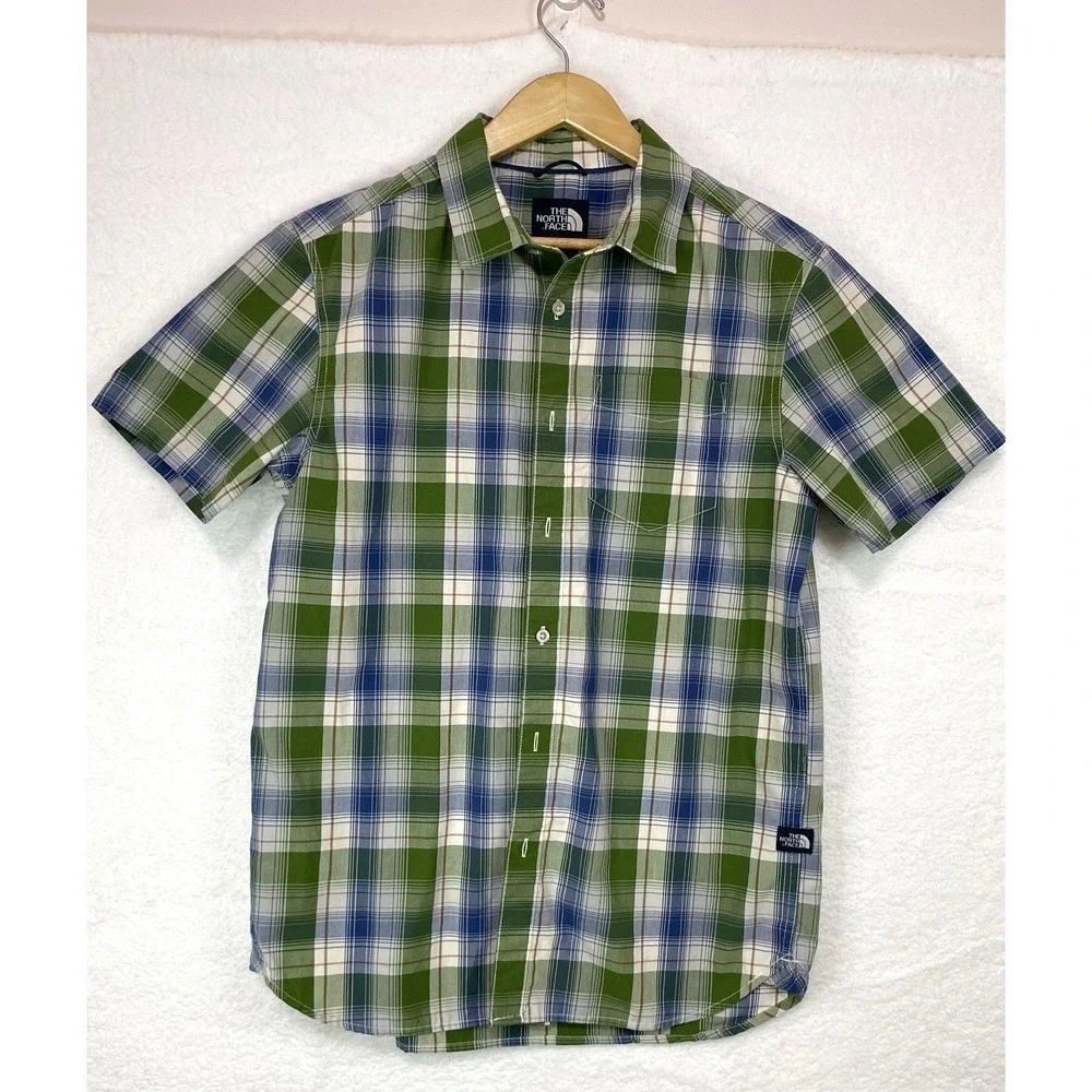 The North Face Mens Green Blue Plaid Short Sleeve Button Up Shirt Size M